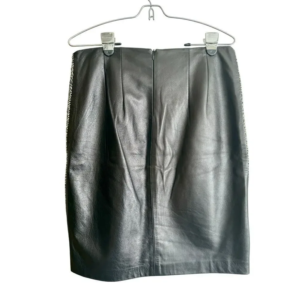Shelli Segal Wool Blend Leather Herringbone Skirt Vintage 90s size 8